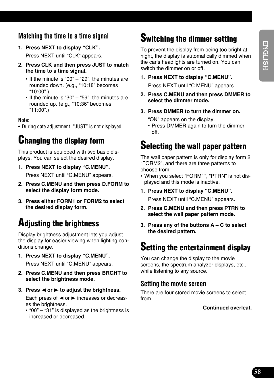 Hanging the display form, Djusting the brightness, Witching the dimmer setting | Electing the wall paper pattern, Etting the entertainment display, Matching the time to a time signal, Setting the movie screen | Pioneer DEH-P9400MP User Manual | Page 59 / 140