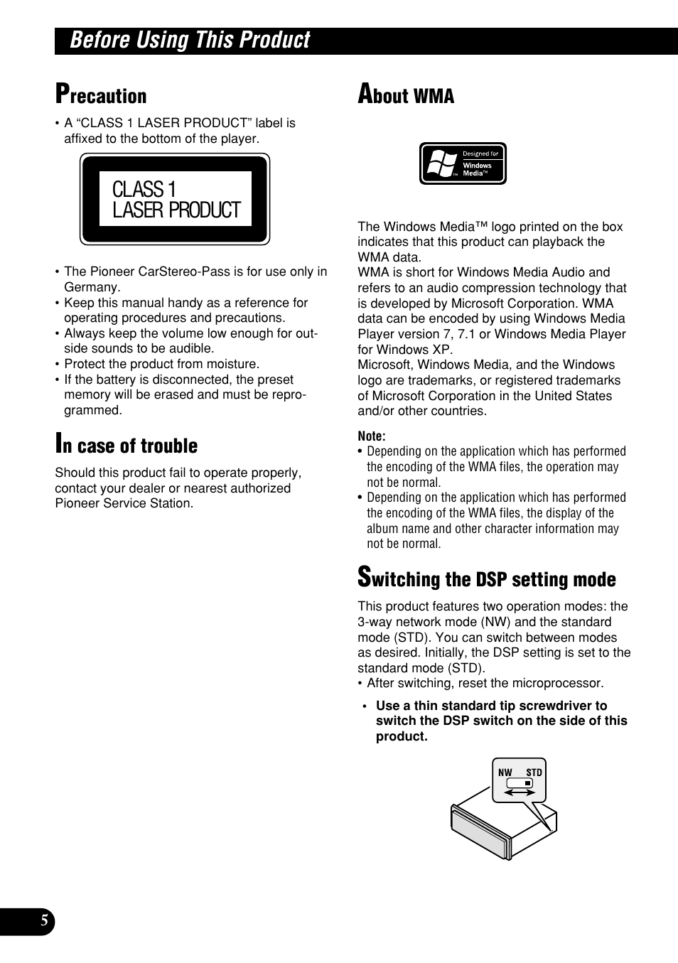 Before using this product, Class 1 laser product, Recaution | N case of trouble, Bout wma, Witching the dsp setting mode | Pioneer DEH-P9400MP User Manual | Page 6 / 140