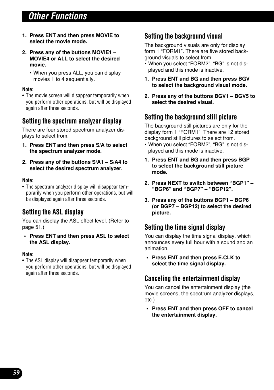 Other functions, Setting the spectrum analyzer display, Setting the asl display | Setting the background visual, Setting the background still picture, Setting the time signal display, Canceling the entertainment display | Pioneer DEH-P9400MP User Manual | Page 60 / 140