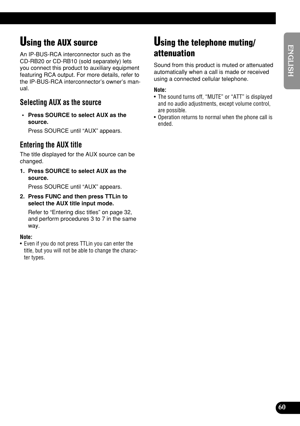 Sing the aux source, Sing the telephone muting/ attenuation, Selecting aux as the source | Entering the aux title | Pioneer DEH-P9400MP User Manual | Page 61 / 140