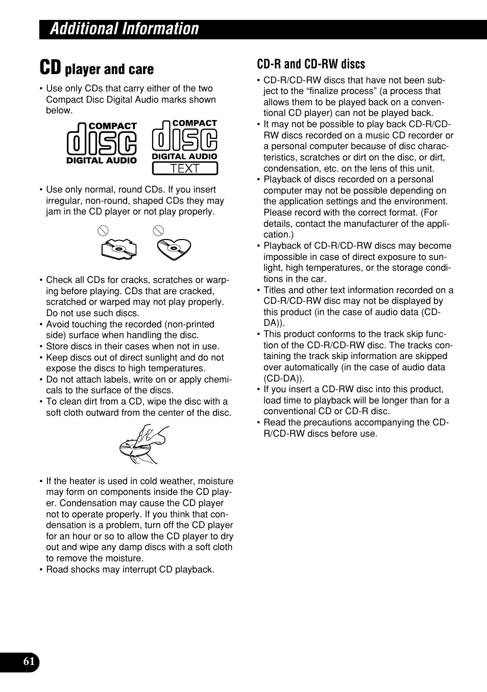 Additional information, Cd player and care, Player and care | Cd-r and cd-rw discs | Pioneer DEH-P9400MP User Manual | Page 62 / 140