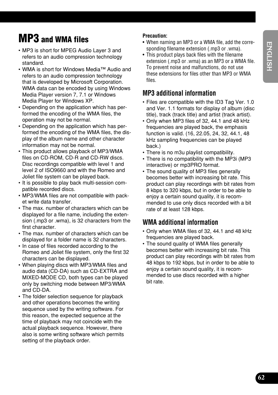 Mp3 and wma files, And wma files, Mp3 additional information | Wma additional information | Pioneer DEH-P9400MP User Manual | Page 63 / 140