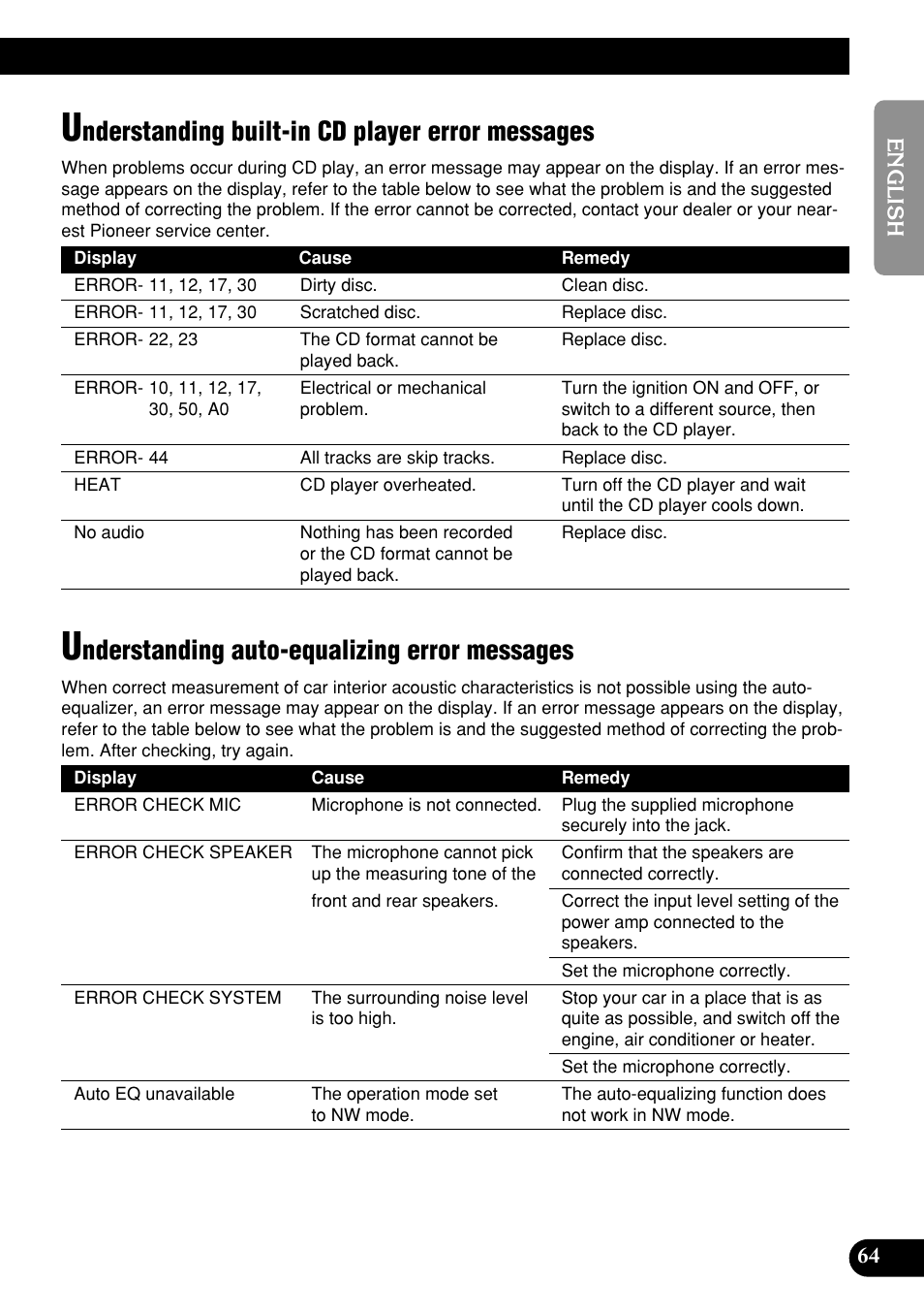 Understanding built-in cd player error, Messages, Understanding auto-equalizing error | Nderstanding built-in cd player error messages, Nderstanding auto-equalizing error messages | Pioneer DEH-P9400MP User Manual | Page 65 / 140