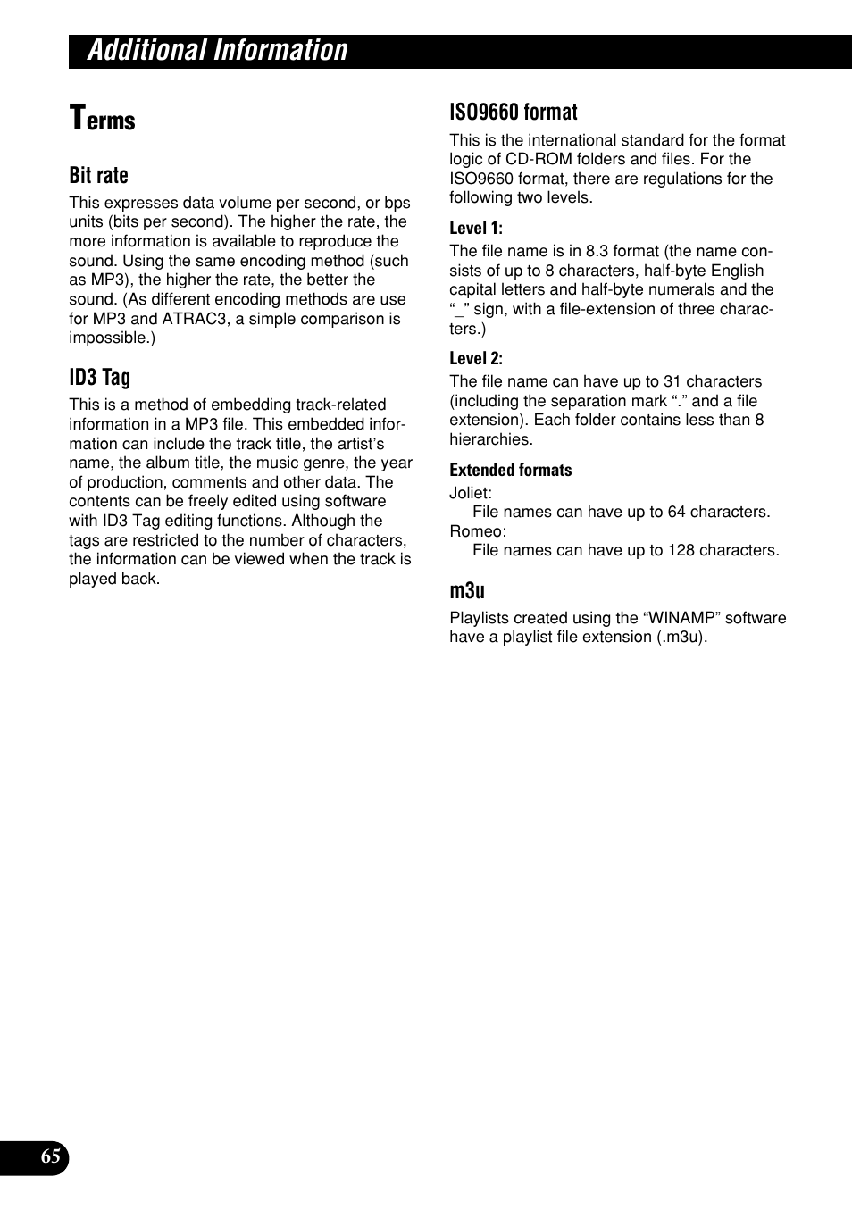 Terms, Additional information, Erms | Pioneer DEH-P9400MP User Manual | Page 66 / 140