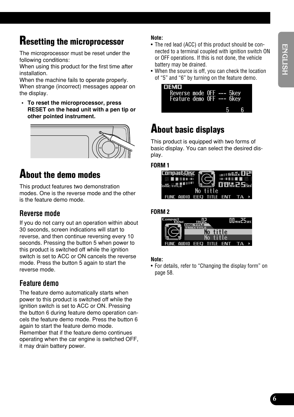 Esetting the microprocessor, Bout the demo modes, Bout basic displays | Pioneer DEH-P9400MP User Manual | Page 7 / 140