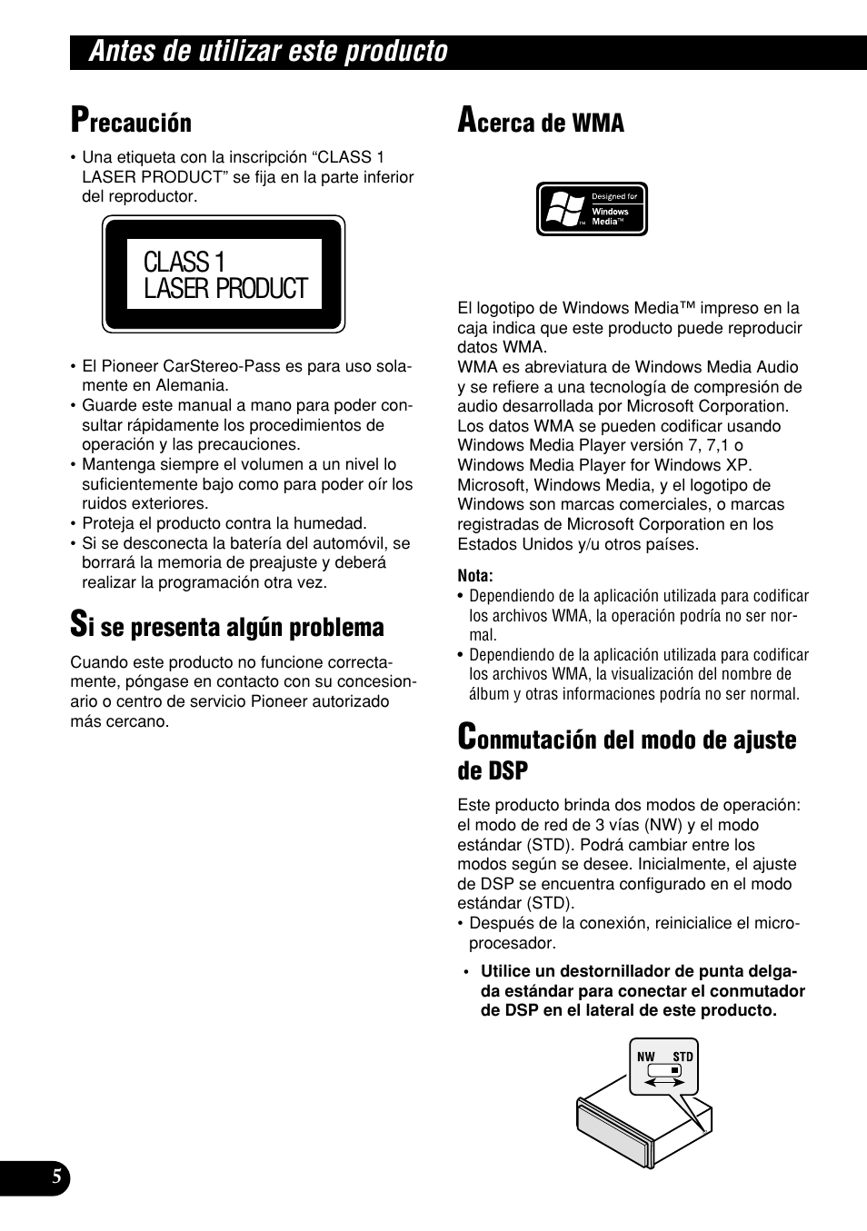 Antes de utilizar este producto, Class 1 laser product, Recaución | I se presenta algún problema, Cerca de wma, Onmutación del modo de ajuste de dsp | Pioneer DEH-P9400MP User Manual | Page 74 / 140