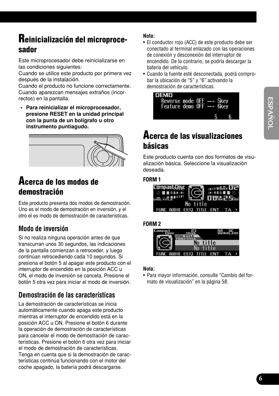 Einicialización del microproce- sador, Cerca de los modos de demostración, Cerca de las visualizaciones básicas | Pioneer DEH-P9400MP User Manual | Page 75 / 140