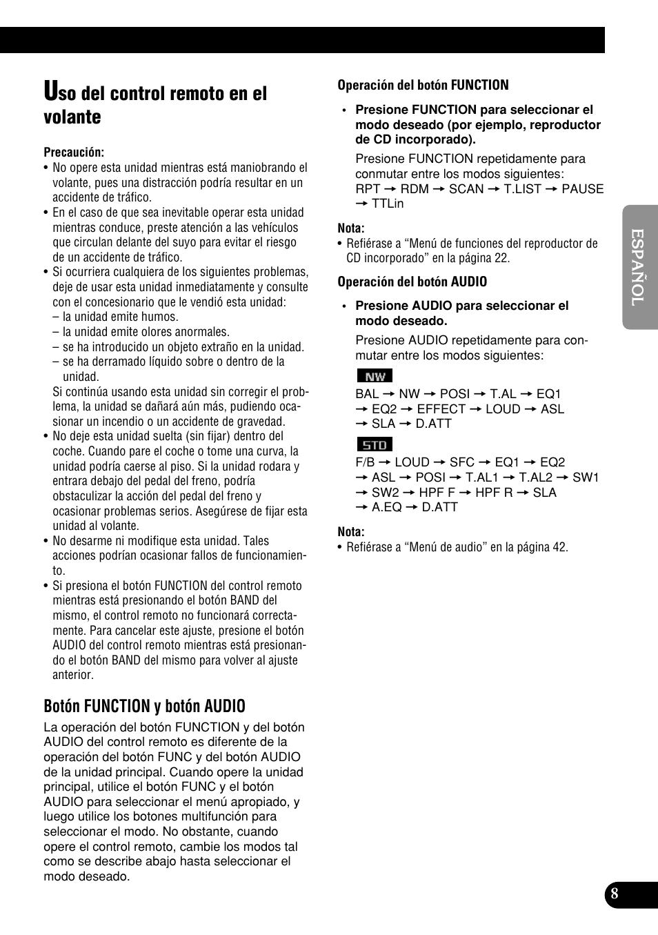 Uso del control remoto en el volante, So del control remoto en el volante, Botón function y botón audio | Pioneer DEH-P9400MP User Manual | Page 77 / 140