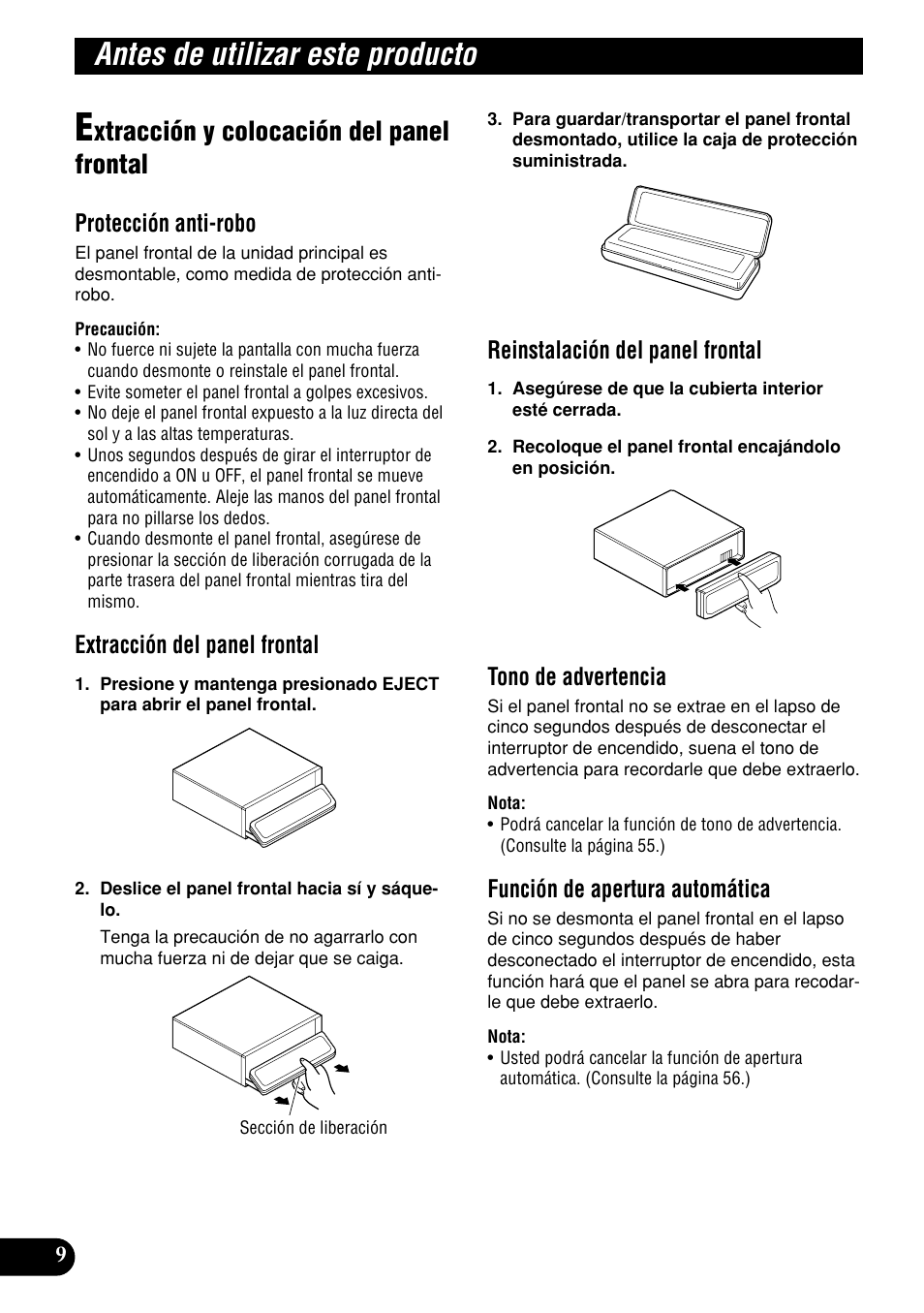 Extracción y colocación del panel frontal, Antes de utilizar este producto, Xtracción y colocación del panel frontal | Protección anti-robo, Extracción del panel frontal, Reinstalación del panel frontal, Tono de advertencia, Función de apertura automática | Pioneer DEH-P9400MP User Manual | Page 78 / 140