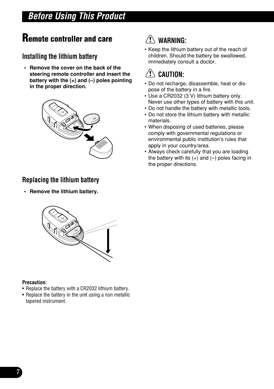 Remote controller and care, Before using this product, Emote controller and care | Installing the lithium battery, Replacing the lithium battery, Warning, Caution | Pioneer DEH-P9400MP User Manual | Page 8 / 140