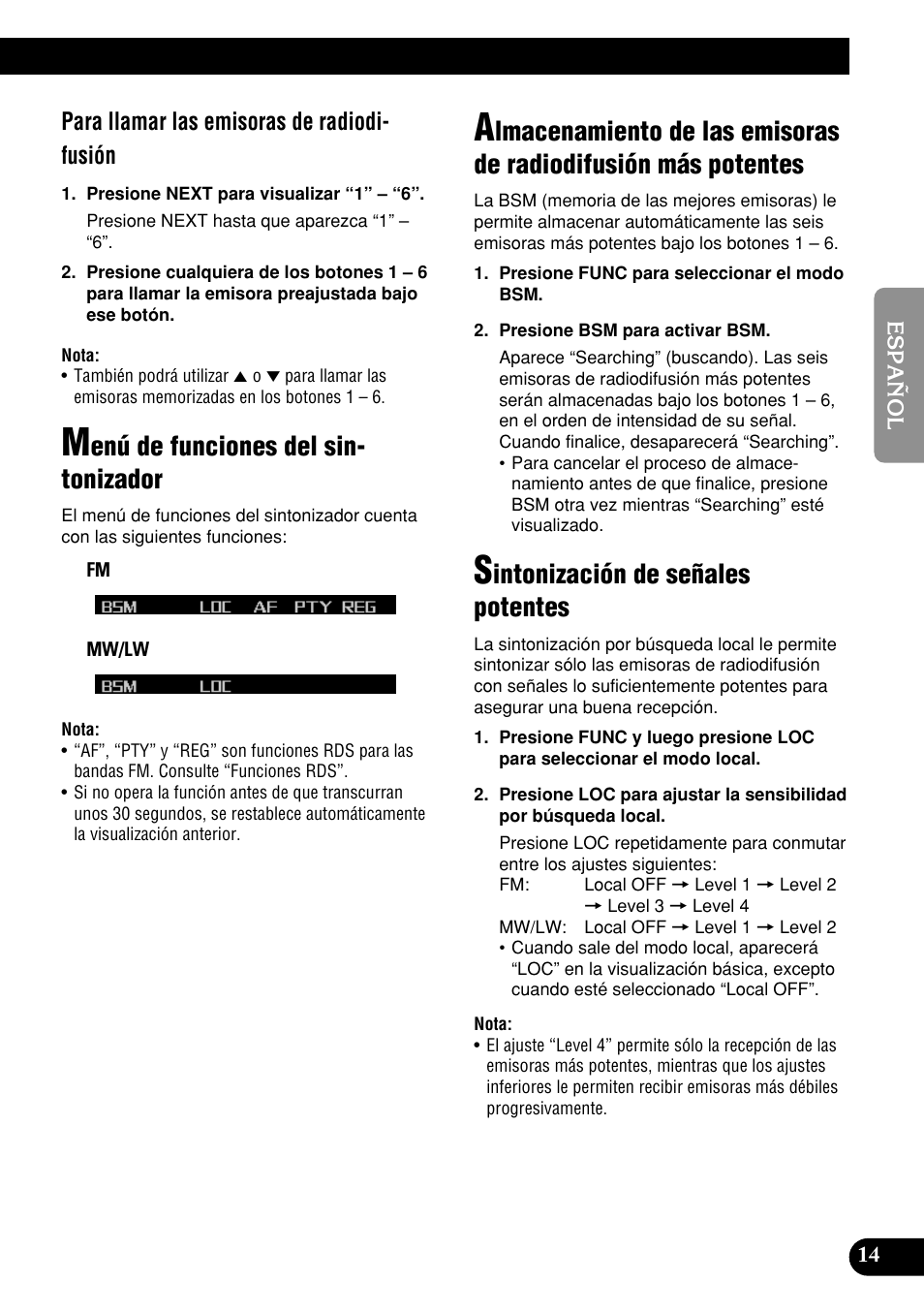 Radiodifusión más potentes, Sintonización de señales potentes, Enú de funciones del sin- tonizador | Intonización de señales potentes, Para llamar las emisoras de radiodi- fusión | Pioneer DEH-P9400MP User Manual | Page 83 / 140