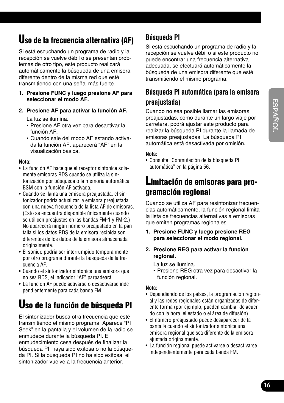 Regional, So de la frecuencia alternativa (af), So de la función de búsqueda pi | Imitación de emisoras para pro- gramación regional, Búsqueda pi | Pioneer DEH-P9400MP User Manual | Page 85 / 140