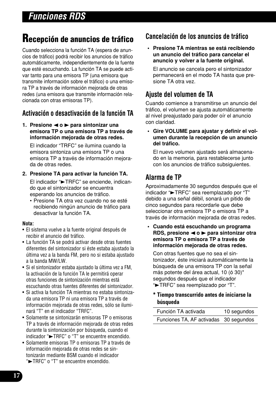 Recepción de anuncios de tráfico, Funciones rds, Ecepción de anuncios de tráfico | Activación o desactivación de la función ta, Cancelación de los anuncios de tráfico, Ajuste del volumen de ta, Alarma de tp | Pioneer DEH-P9400MP User Manual | Page 86 / 140