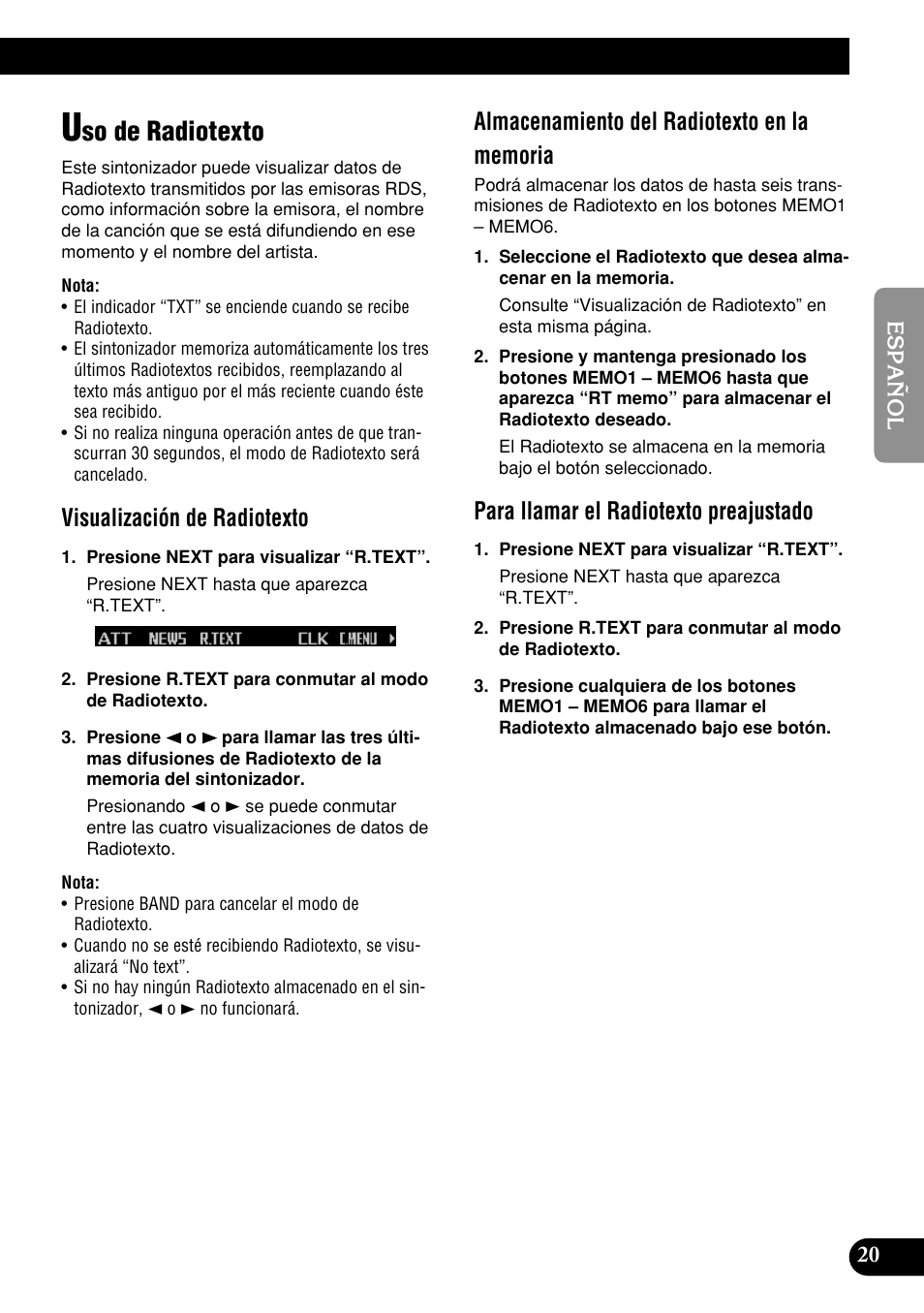 Uso de radiotexto, So de radiotexto, Visualización de radiotexto | Para llamar el radiotexto preajustado | Pioneer DEH-P9400MP User Manual | Page 89 / 140