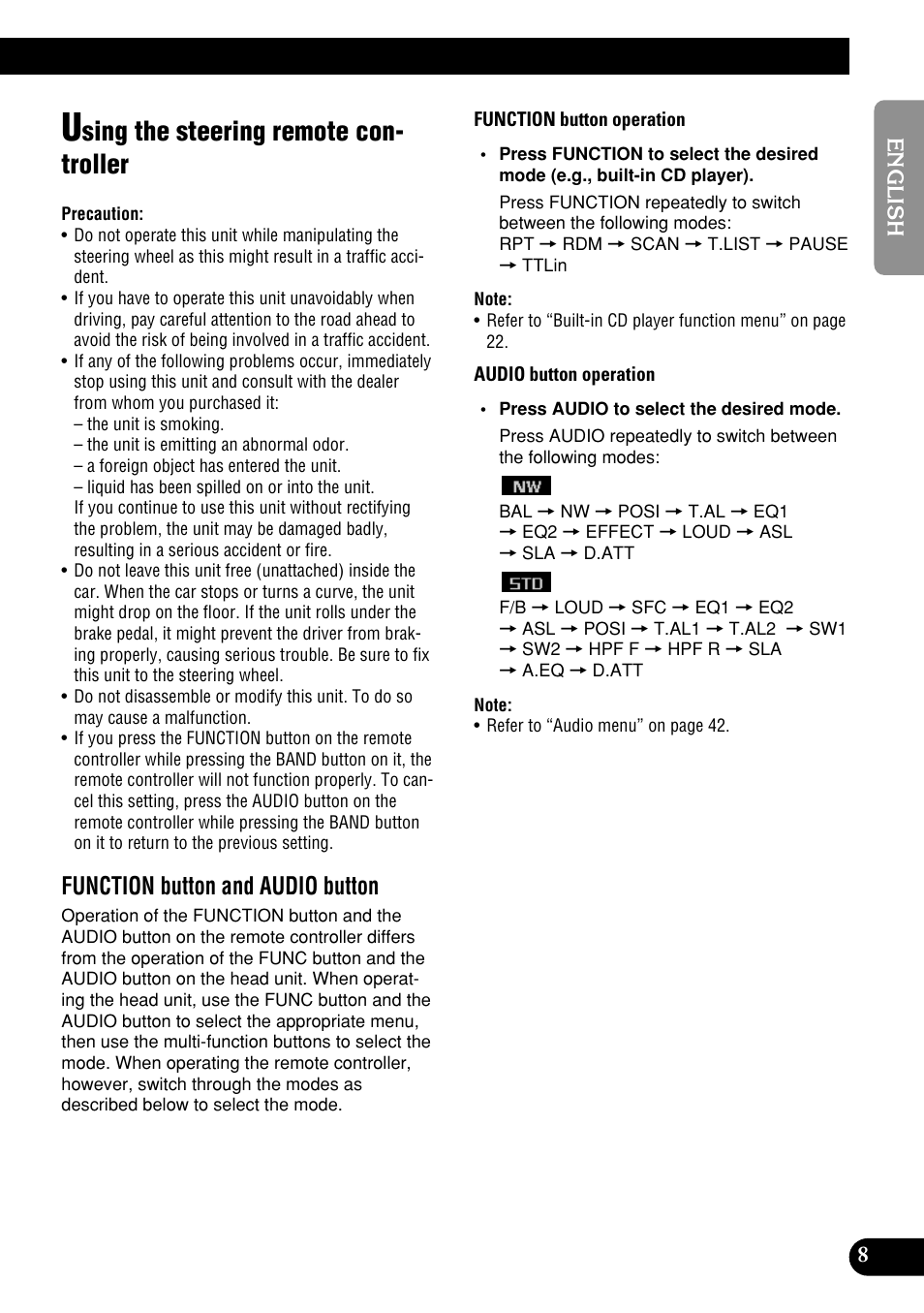 Using the steering remote controller, Sing the steering remote con- troller, Function button and audio button | Pioneer DEH-P9400MP User Manual | Page 9 / 140