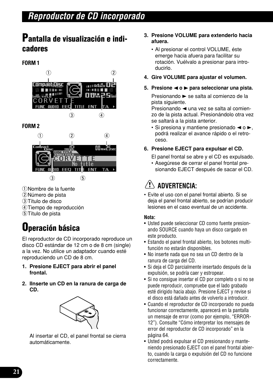 Reproductor de cd incorporado, Antalla de visualización e indi- cadores, Peración básica | Advertencia | Pioneer DEH-P9400MP User Manual | Page 90 / 140