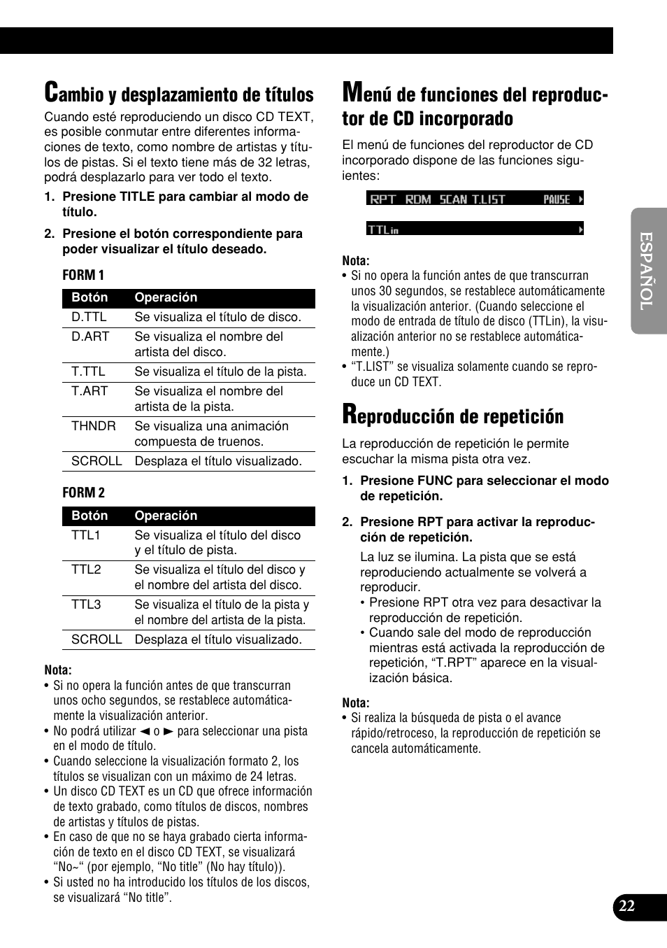 Incorporado, Reproducción de repetición, Ambio y desplazamiento de títulos | Eproducción de repetición | Pioneer DEH-P9400MP User Manual | Page 91 / 140