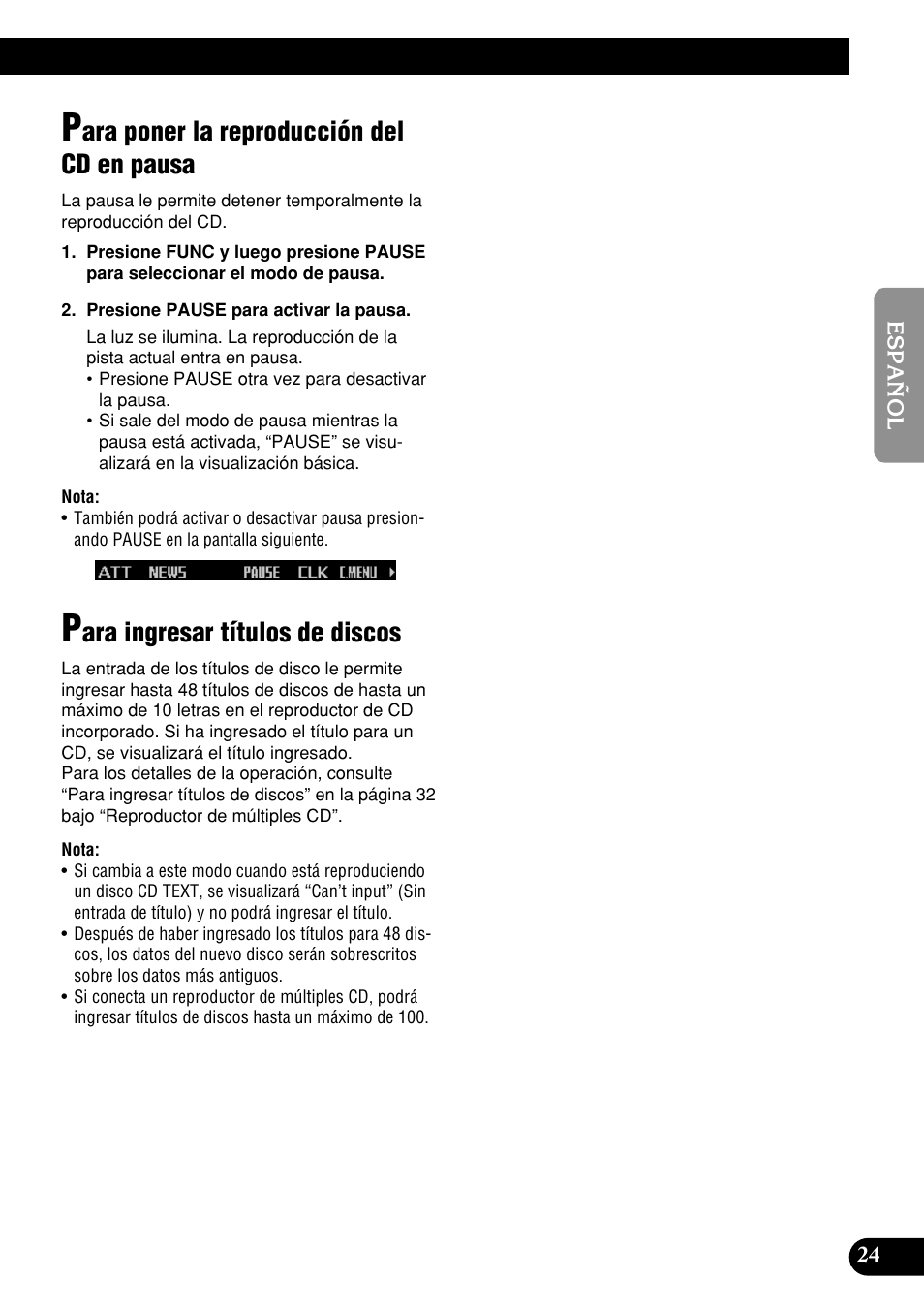 Ara poner la reproducción del cd en pausa, Ara ingresar títulos de discos | Pioneer DEH-P9400MP User Manual | Page 93 / 140