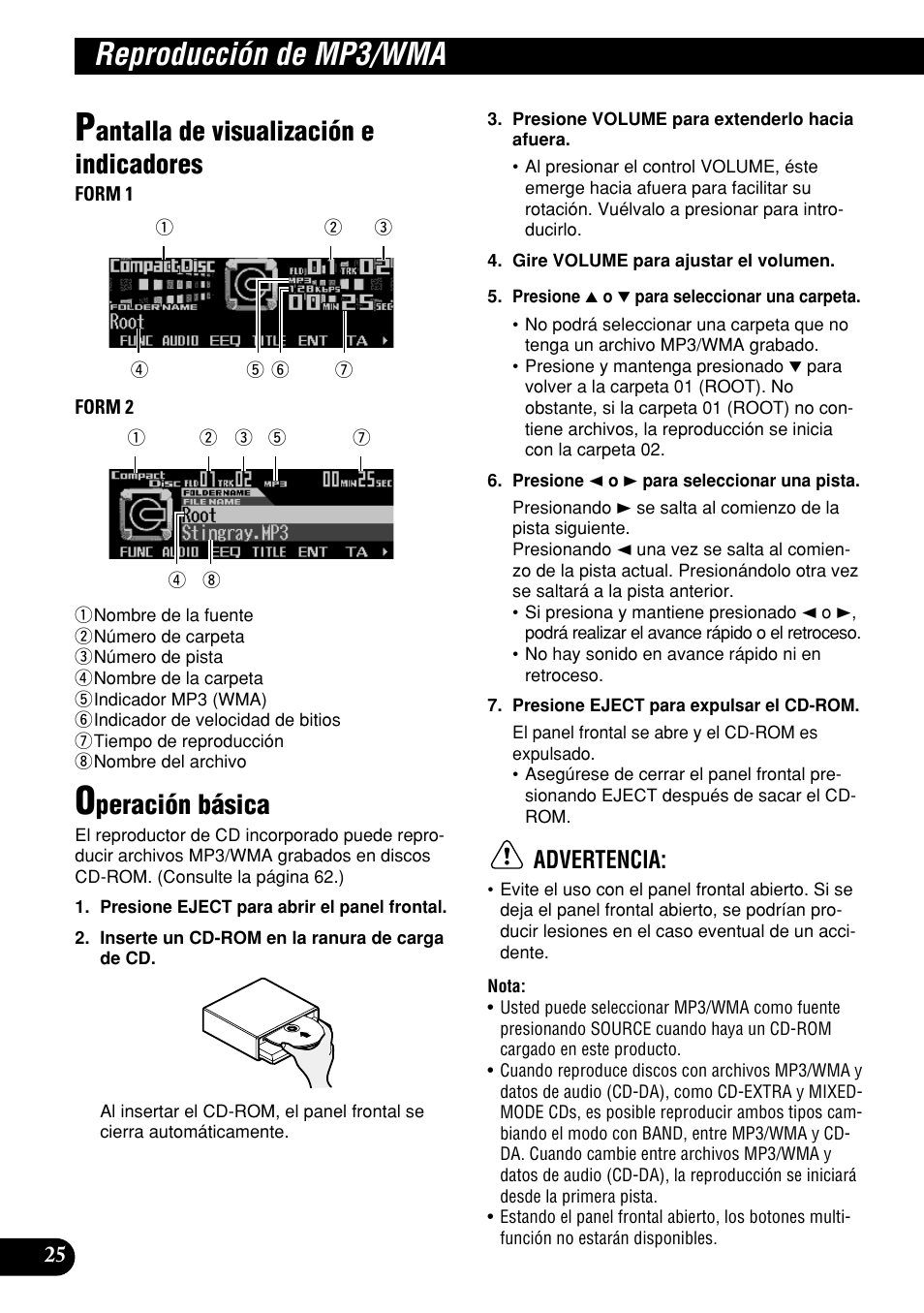 Reproducción de mp3/wma, Antalla de visualización e indicadores, Peración básica | Advertencia | Pioneer DEH-P9400MP User Manual | Page 94 / 140