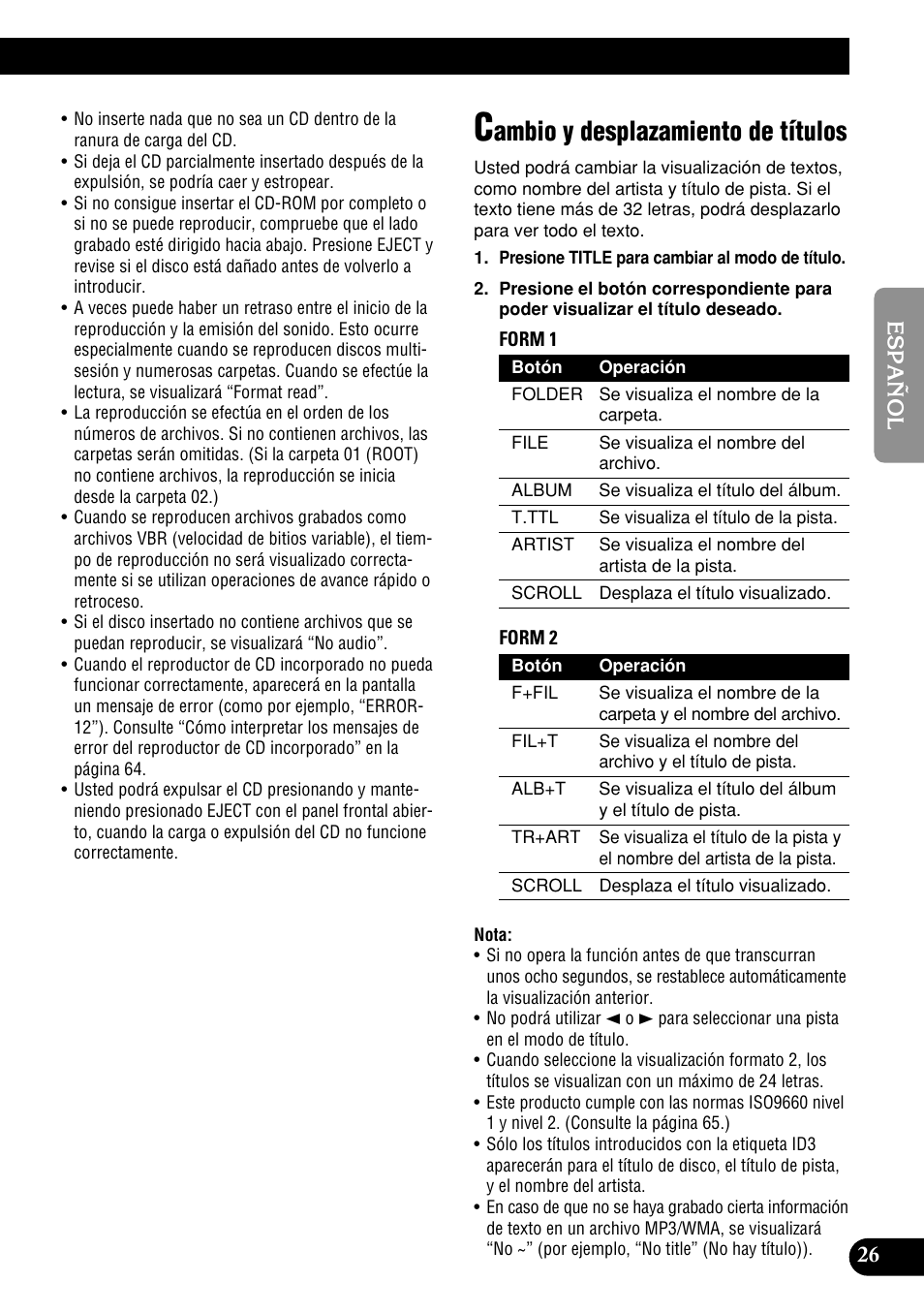 Cambio y desplazamiento de títulos, Ambio y desplazamiento de títulos | Pioneer DEH-P9400MP User Manual | Page 95 / 140