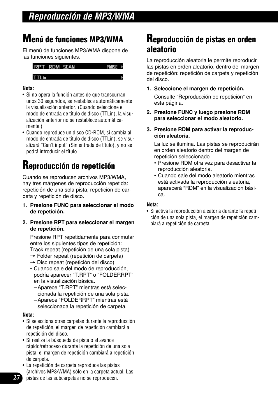 Reproducción de mp3/wma, Enú de funciones mp3/wma, Eproducción de repetición | Eproducción de pistas en orden aleatorio | Pioneer DEH-P9400MP User Manual | Page 96 / 140