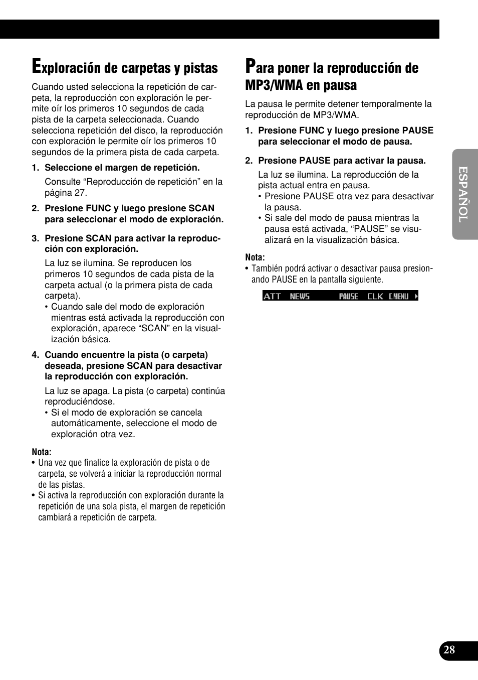 En pausa, Xploración de carpetas y pistas, Ara poner la reproducción de mp3/wma en pausa | Pioneer DEH-P9400MP User Manual | Page 97 / 140