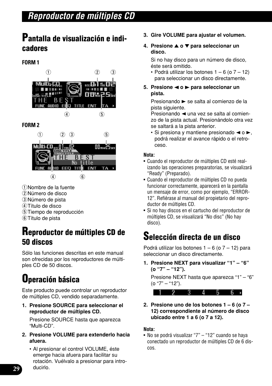 Reproductor de múltiples cd, Antalla de visualización e indi- cadores, Eproductor de múltiples cd de 50 discos | Peración básica, Elección directa de un disco | Pioneer DEH-P9400MP User Manual | Page 98 / 140