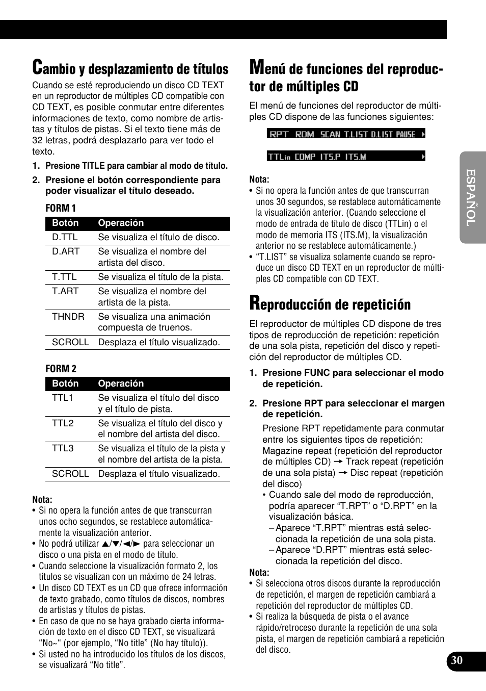 Múltiples cd, Reproducción de repetición, Ambio y desplazamiento de títulos | Enú de funciones del reproduc- tor de múltiples cd, Eproducción de repetición | Pioneer DEH-P9400MP User Manual | Page 99 / 140