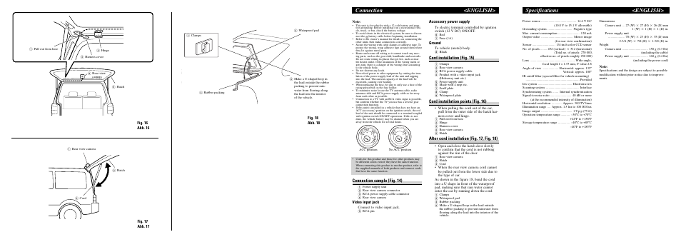 Connection <english, Specifications <english, Connection sample (fig. 14) | Cord installation (fig. 15), Cord installation points (fig. 16), After cord installation (fig. 17, fig. 18), Fig. 18 abb. 18, Video input jack, Accessory power supply, Ground | Pioneer ND-BC2 User Manual | Page 6 / 8