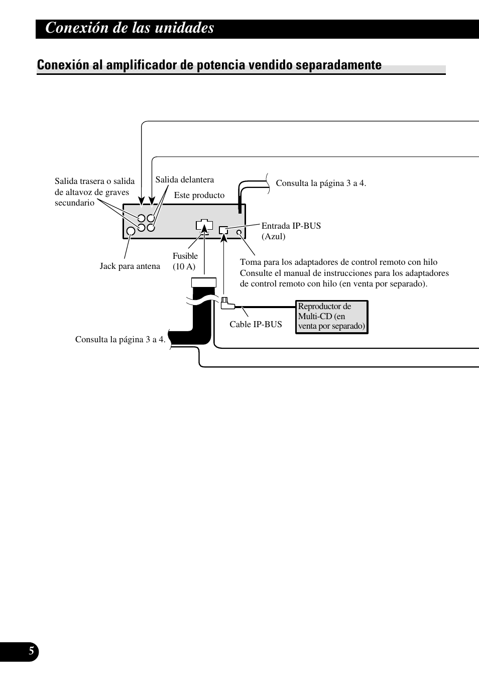 Conexión al amplificador de potencia vendido, Separadamente, Conexión de las unidades | Pioneer DEH-P55BT User Manual | Page 18 / 86