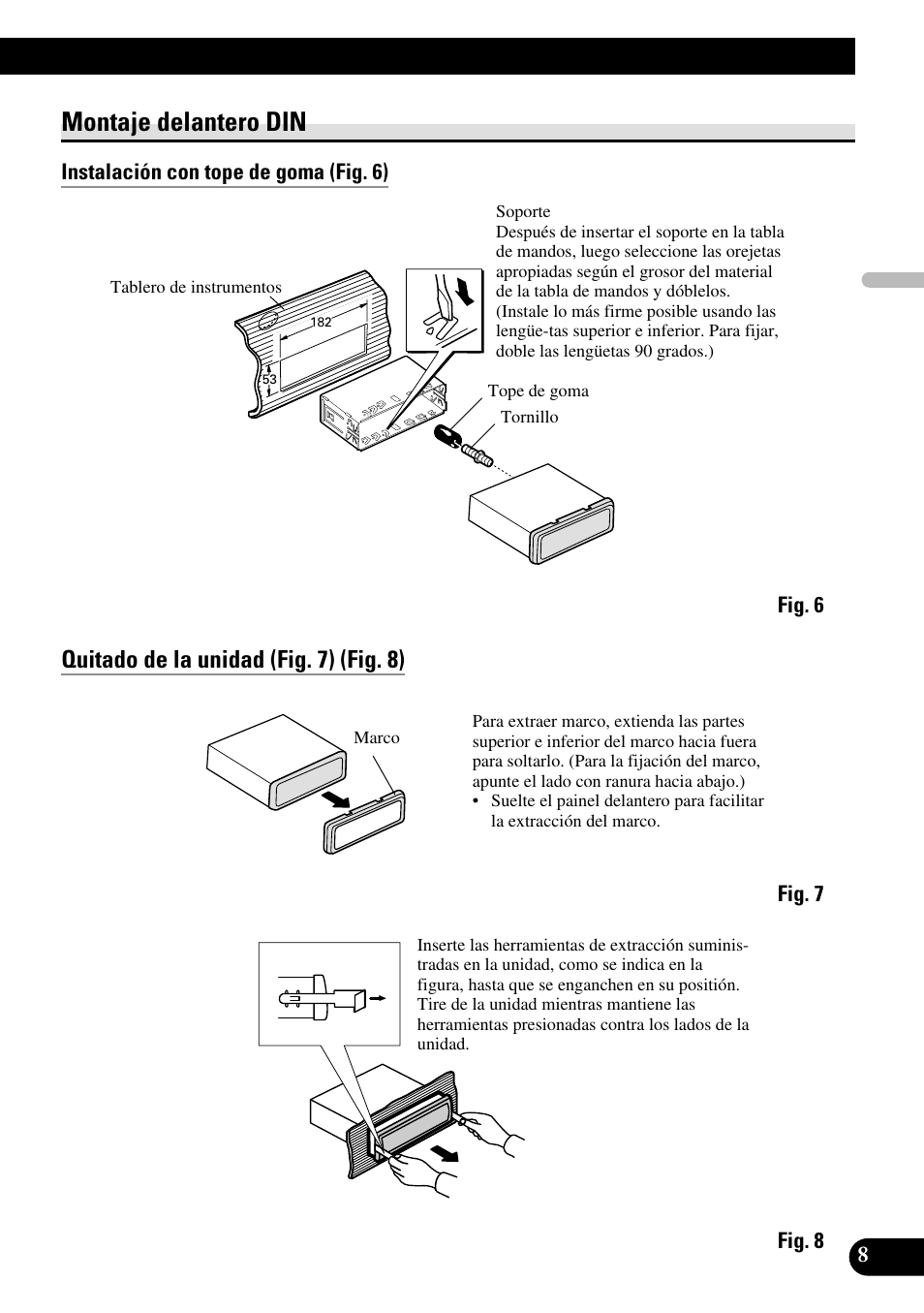 Montaje delantero din, Quitado de la unidad (fig. 7) (fig. 8) | Pioneer DEH-P55BT User Manual | Page 21 / 86