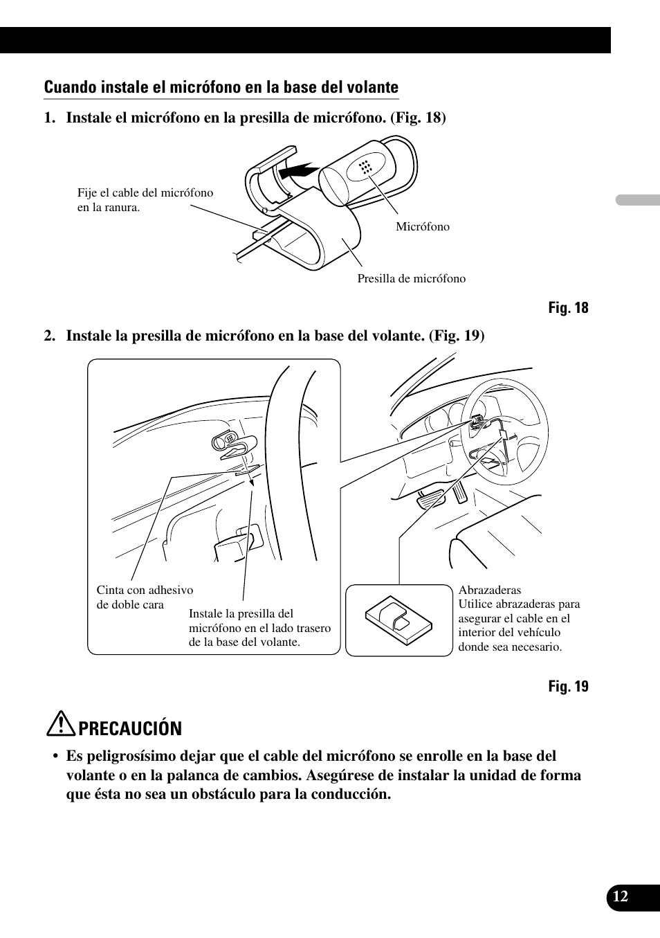 Precaución, Cuando instale el micrófono en la base del volante | Pioneer DEH-P55BT User Manual | Page 25 / 86