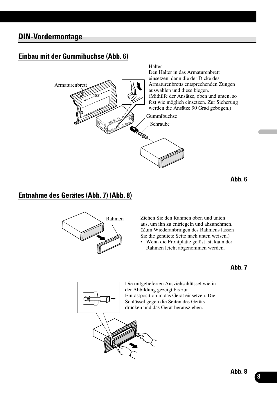 Din-vordermontage, Einbau mit der gummibuchse (abb. 6), Entnahme des gerätes (abb. 7) (abb. 8) | Pioneer DEH-P55BT User Manual | Page 33 / 86