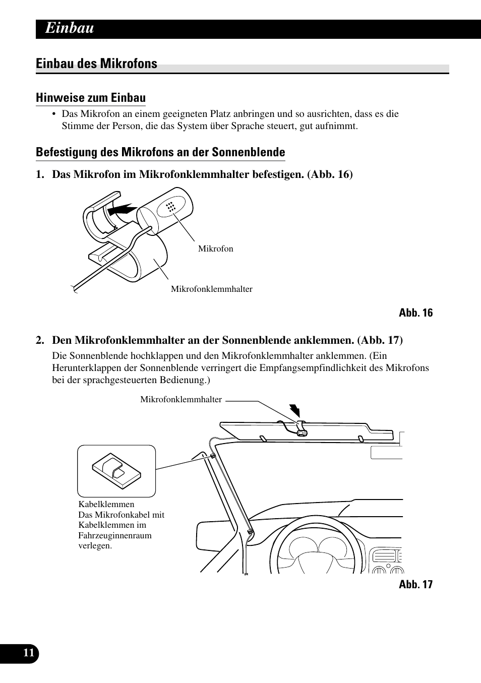 Einbau des mikrofons, Einbau | Pioneer DEH-P55BT User Manual | Page 36 / 86