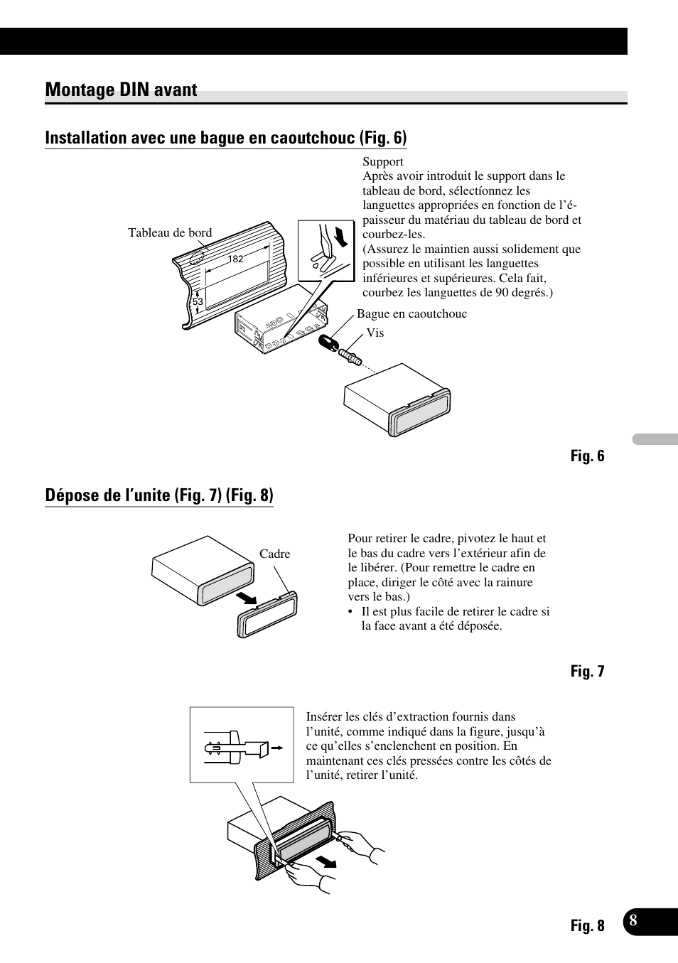 Montage din avant, Installation avec une bague en caoutchouc (fig. 6), Dépose de l’unite (fig. 7) (fig. 8) | Pioneer DEH-P55BT User Manual | Page 45 / 86