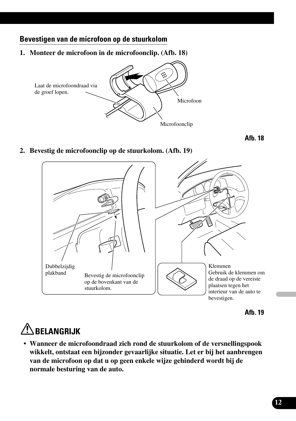 Belangrijk, Bevestigen van de microfoon op de stuurkolom | Pioneer DEH-P55BT User Manual | Page 73 / 86