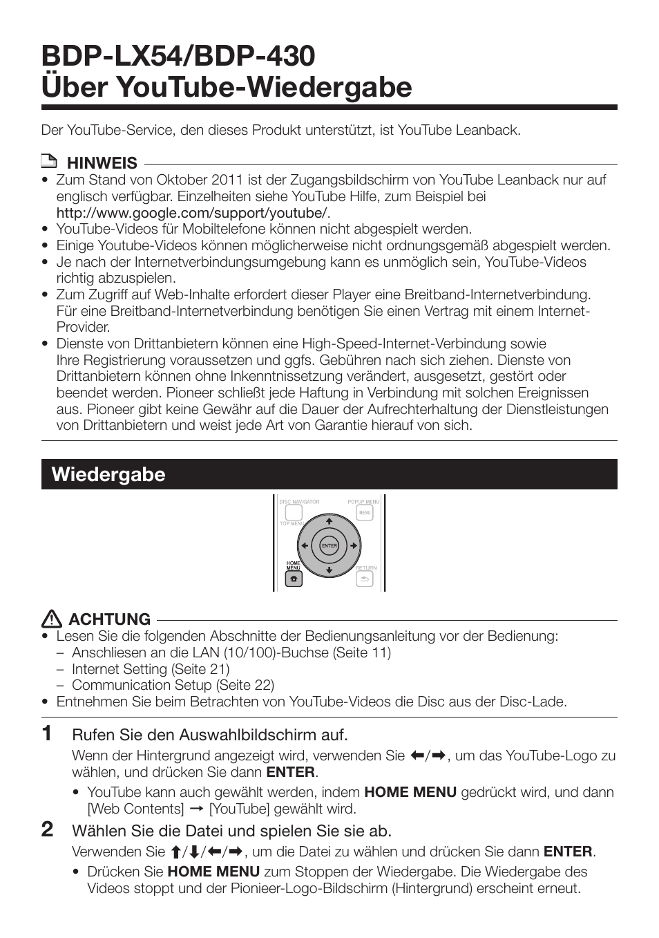 Wiedergabe | Pioneer BDP-430 User Manual | Page 3 / 7