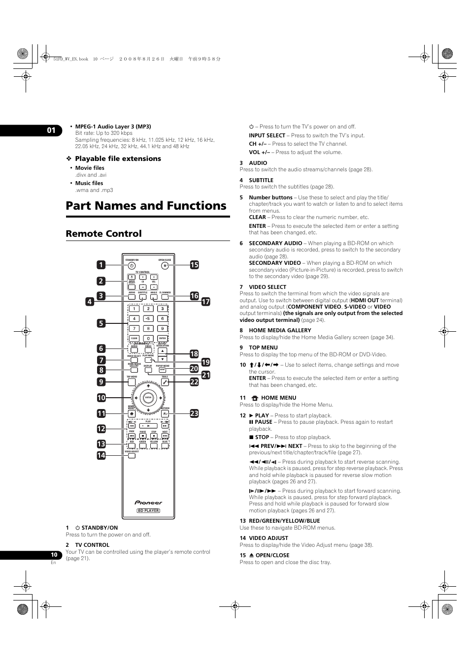Part names and functions, Remote control, Playable file extensions | Pioneer BDP-51FD User Manual | Page 10 / 72