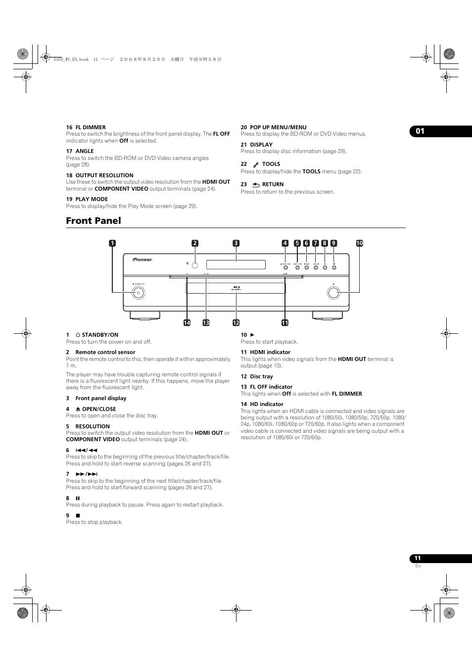 Front panel | Pioneer BDP-51FD User Manual | Page 11 / 72