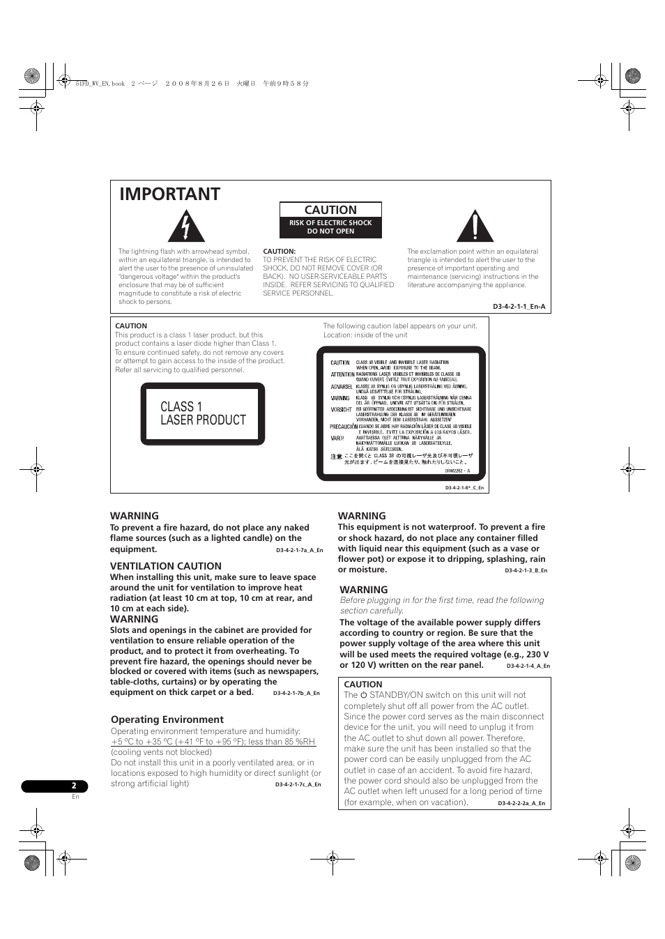 Important, Class 1 laser product, Caution | Pioneer BDP-51FD User Manual | Page 2 / 72