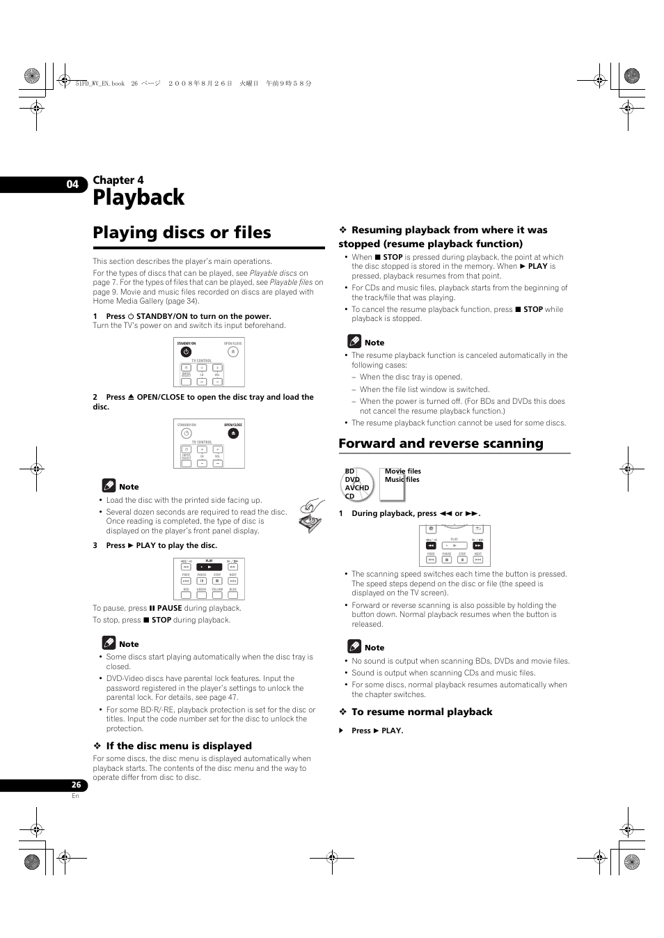 Playing discs or files, Forward and reverse scanning, Playback | Chapter 4, If the disc menu is displayed | Pioneer BDP-51FD User Manual | Page 26 / 72