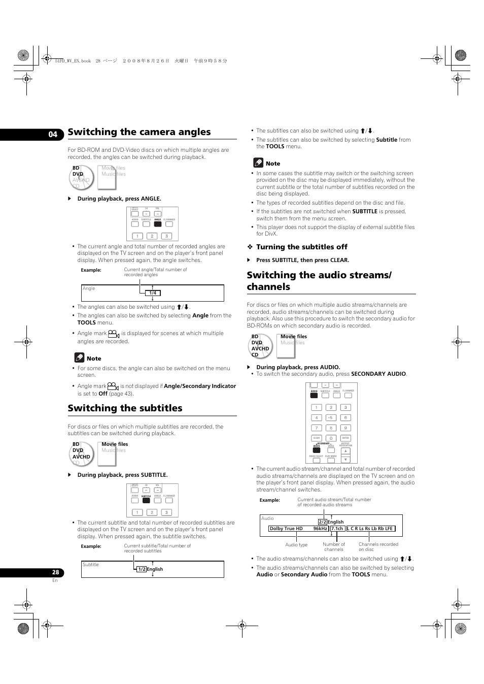 Switching the camera angles, Switching the subtitles, Switching the audio streams/ channels | Turning the subtitles off | Pioneer BDP-51FD User Manual | Page 28 / 72