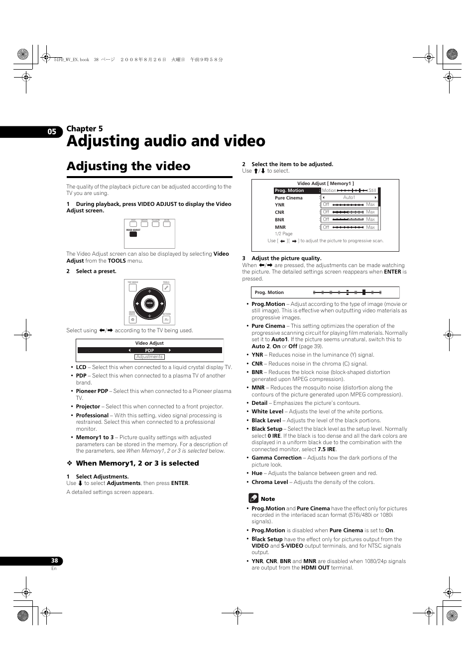 Adjusting the video, Adjusting audio and video, Chapter 5 | Pioneer BDP-51FD User Manual | Page 38 / 72