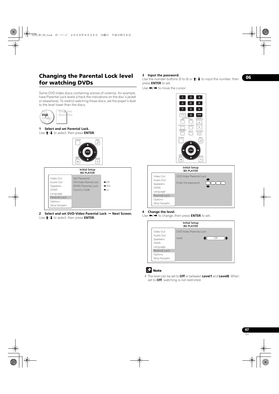 Changing the parental lock level for watching dvds | Pioneer BDP-51FD User Manual | Page 47 / 72