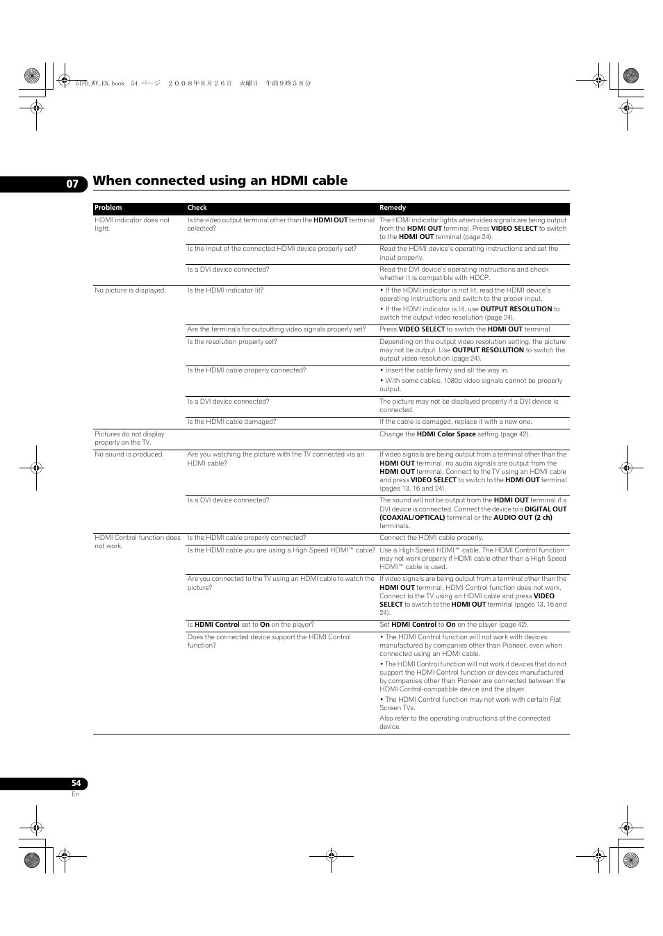 When connected using an hdmi cable | Pioneer BDP-51FD User Manual | Page 54 / 72