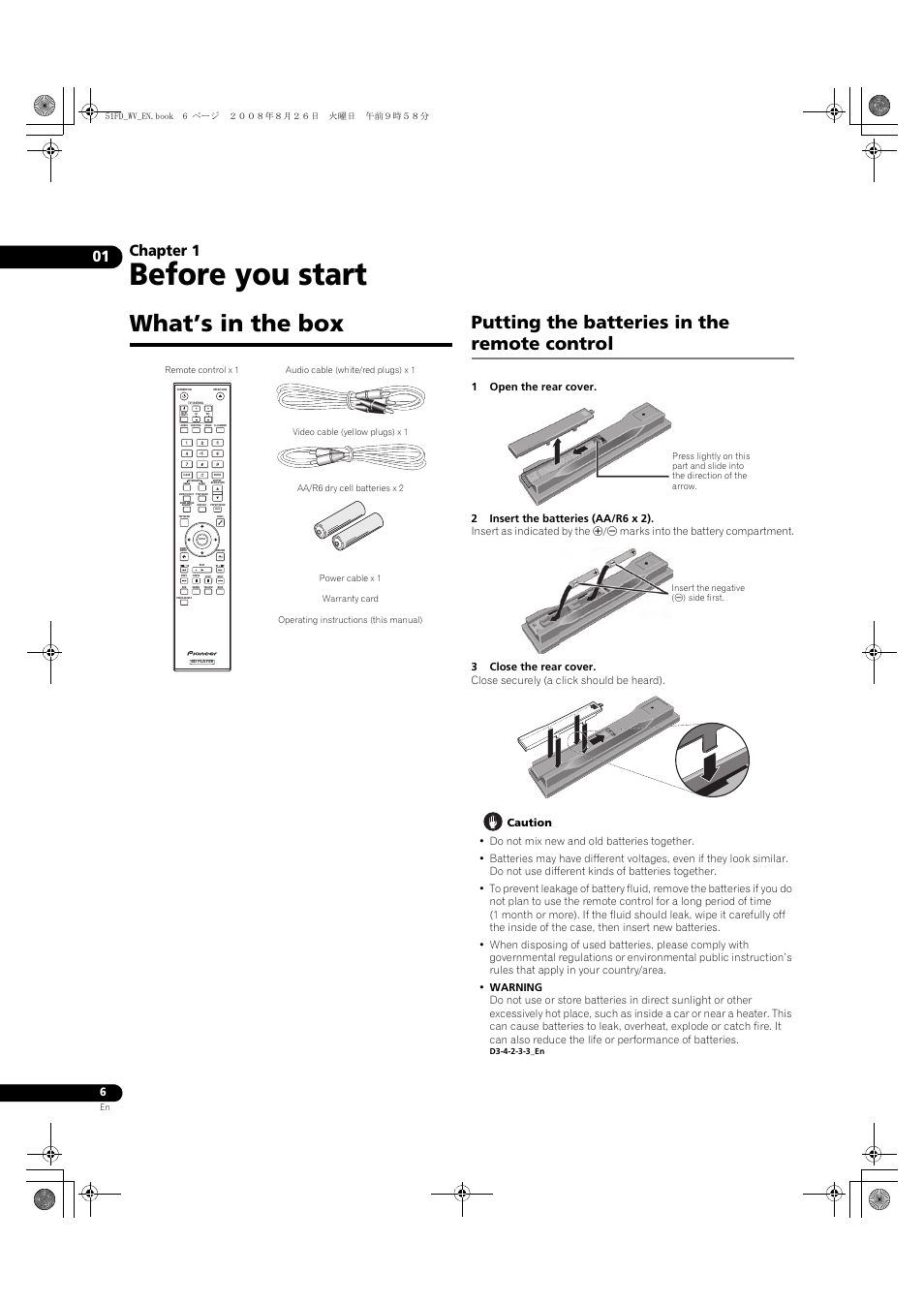 What’s in the box, Putting the batteries in the remote control, Before you start | Chapter 1 | Pioneer BDP-51FD User Manual | Page 6 / 72