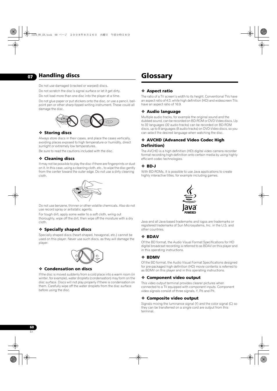 Handling discs, Glossary | Pioneer BDP-51FD User Manual | Page 60 / 72