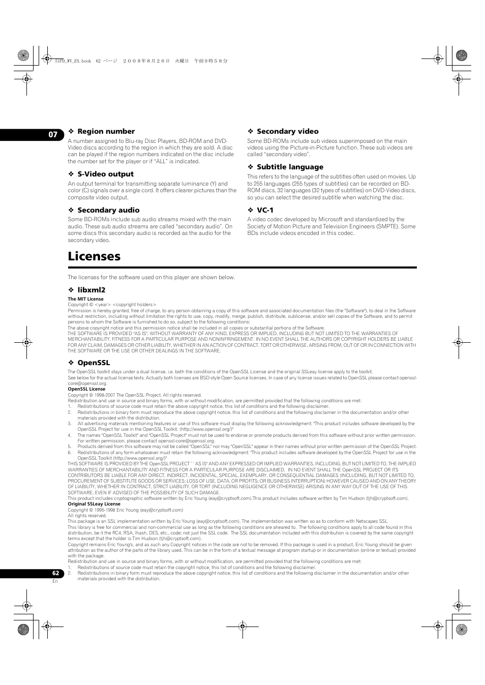 Licenses | Pioneer BDP-51FD User Manual | Page 62 / 72