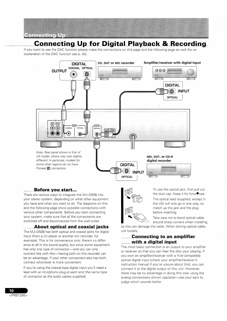 Connecting up for digital playback & recording, Before you start, About optical and coaxial jacks | Pioneer MJ-D508 User Manual | Page 10 / 48