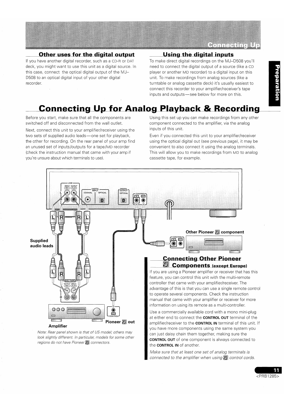 Connecting up, Recording, Other uses for the digital output | Using the digital inputs, Connecting other pioneer components | Pioneer MJ-D508 User Manual | Page 11 / 48